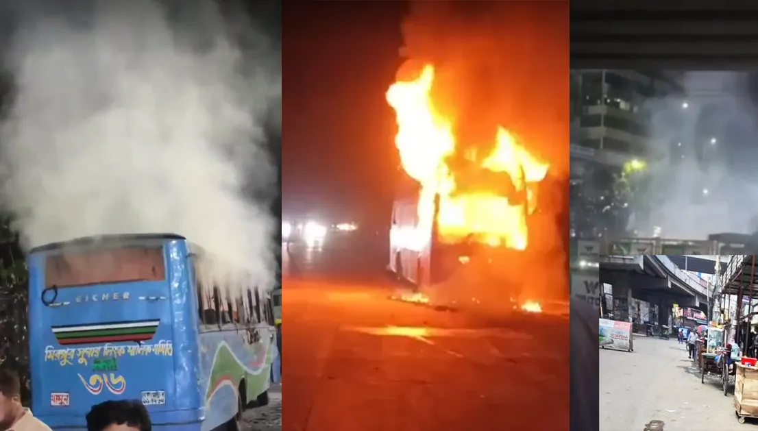রাজধানীতে ককটেল বিস্ফোরণ ও ৩ বাসে অগ্নিকাণ্ড